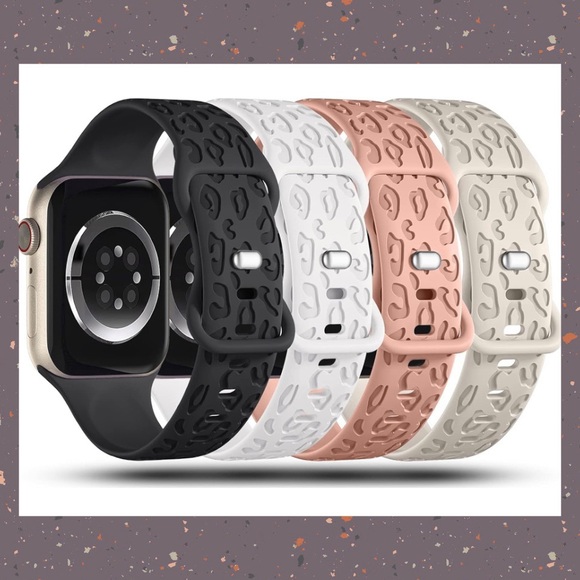 Set Of 4 Leopard pattern engraved silicone bands compatible with Apple Watch - Picture 2 of 8